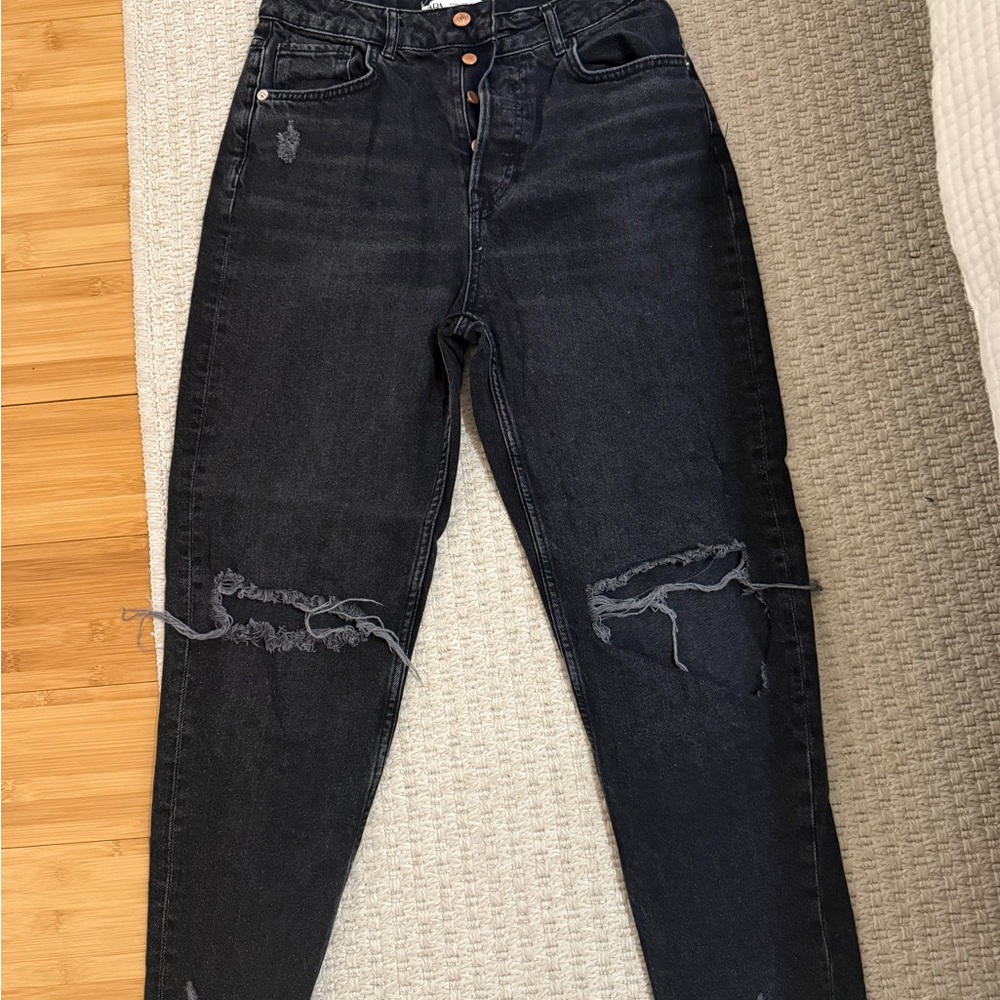 Zara High Rise Black Straight Distressed Jeans